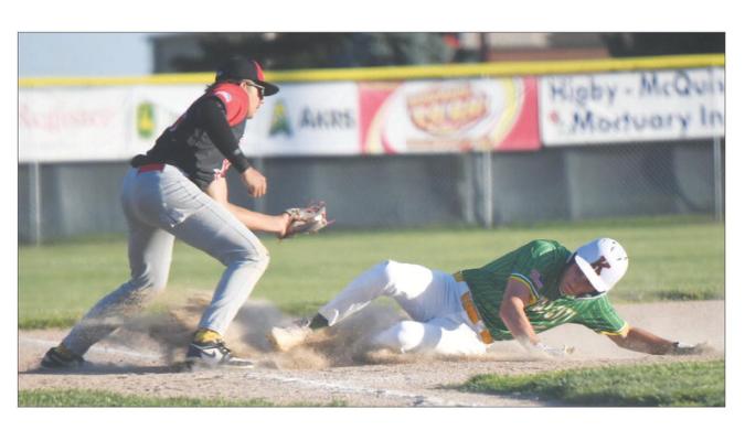 COLBYN PETERS beats the throw to third base, sliding safely into the bag in Central City’s 16-1 win over Aurora. Peters picked up one hit, drove in a run, and scored a run of his own in the contest. Photos by Jordan Coslor