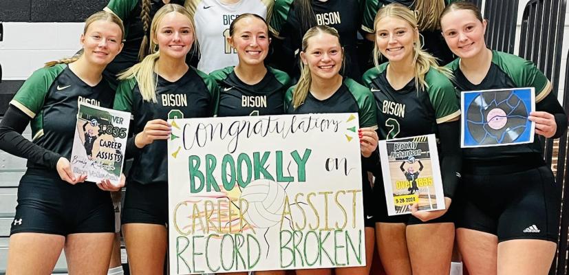 Congratulations Brookly! It was a Saturday morning full of excitement as the Central City Bison played in the David City Invite. For senior setter Brookly Richardson it was a day to remember as she broke Shauna Graham’s career assist record. Richardson is pictured with her senior teammates who were honored this past Tuesday on senior night. Sarah Musil, MaKenna Carlson, Richardson, Aubrey Garfield, Josie Sawyers, Shelby Hostler.
