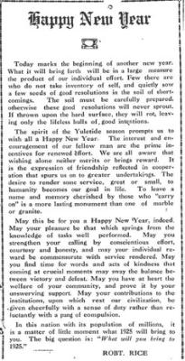 Taken from the Central City Republican as publisher Robert Rice welcomed the community to the year of 1925.
