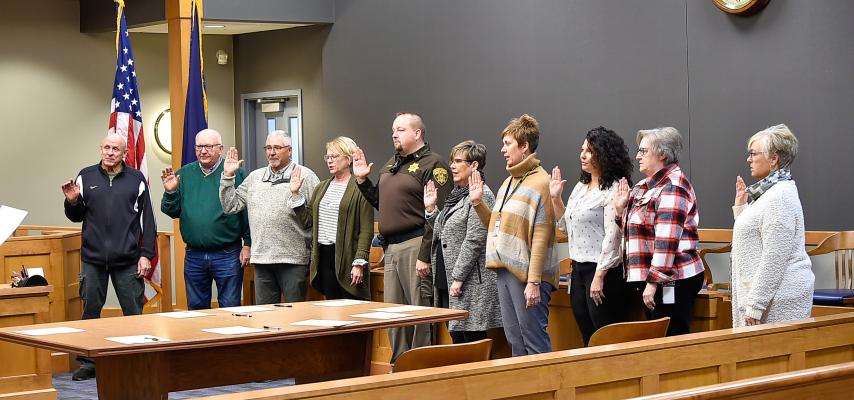Merrick County Leadership Last Thursday, Merrick County Officials gathered at the Merrick County Courthouse in Central City where they were sworn in for their upcoming term. Left to right: Tom Weller, Dennis Jarecke, Ed Dexter, Trish Fate-Strobel, Sheriff John Westman, Sharon Gilg, Jen Myers, Christy Wandfluh, Deb Robinson and Theresa Good. Not pictured: Jan Placke, who was sworn in later in the day.