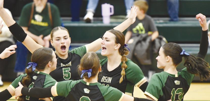 ENJOYING THE MOMENT on the court are Central City’s Tayllen Lee, Sydni Homolka, Sofie Negus, Olivia Bokelman, and Reagan Fousek. The Bison amassed a 13-15 record on the volleyball court this fall before making an early exit from the postseason in the Subdistrict C1-8 Tournament in Lincoln. Photos by Jordan Coslor
