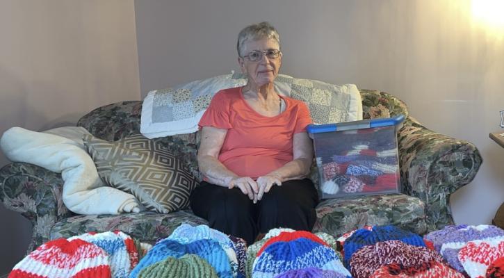Hats for All Elsie Dockweiler is pictured above with a few of the 260 hats she has knitted as of September 16. With a goal set of 274 by the end of the month Elsie will continue to work on these before donating them to Mission Heart.