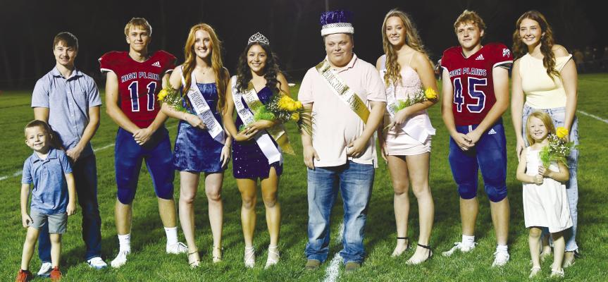 HIGH PLAINS COMMUNITY SCHOOLS held its 2025 homecoming coronation following Friday night’s football game against Giltner. Members of this year’s homecoming court included 2024 King Hudson Urkoski, Brodey Spurling, Peyton Hofmann, Queen Gahvi Lesiak, King Bozton Pedersen, Rylee Hofmann, Chase Owens, and 2024 Queen Rylee Ackerson. Photo by Jordan Coslor
