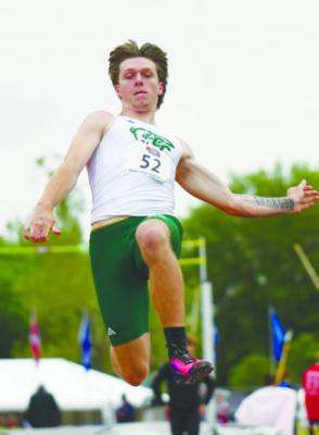 CENTRAL CITY’S WYATT DENT planted his feet in the sand at 23-07.25 to set a new Class B State Meet Record and secured a gold medal in the boys’ long jump at last week’s NSAA Class B State Track and Field Championships. Photo by Jordan Coslor