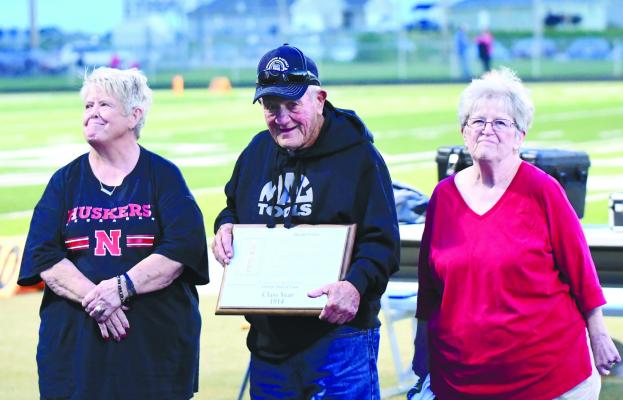 HAROLD WILDER’S children Walt Wilder, Connie Russell, and Julia Schroeder were on hand last Friday night to accept the award on behalf of their father, who was inducted with the Central City Hall of Fame Class of 2025. Photo by Jordan Coslor