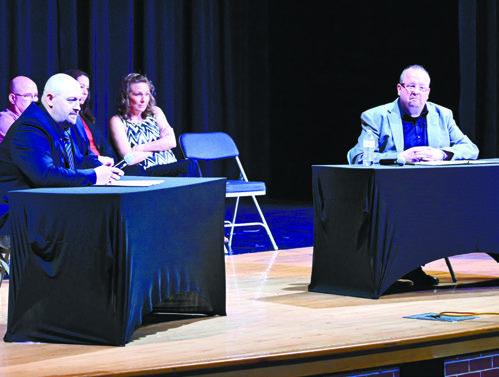 CANDIDATES for the office of Merrick County sheriff, including Grady Wranek and John Westman, are pictured during Sunday’s candidate forum at the Central City Performing Arts Center. Photo by Michael Happ