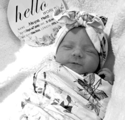 Alayna Marie Huyett Sara Church and Ryan Huyett of Council Bluffs announce the birth of their daughter Alayna Marie Huyett born September 16, 2023. Alayna was 5 lbs 6 oz, and 19 1/2 inches long. Grandparents are Yvonne (David) Riley of Central City and Jerry and (Barb) Church of Clarks.