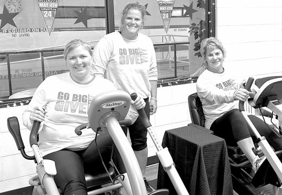 Sweat Equity The staff at the Fitness Center were pumped and ready to go for Go Big GIVE as (left to right) Kate Perry, Michelle Simmons and Jenny Beck exercised with multiple volunteers in exchange for donations and