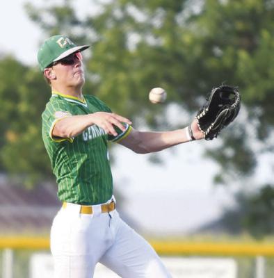 PARKER ZIKMUND makes the throw to first base for an out after fielding a ground ball at shortstop. Photos by Jordan Coslor