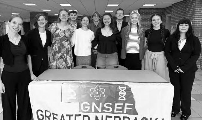 STUDENTS participating in the Central Nebraska Science and Engineering Fair included (back row): Landen Purvis, Lochlyn Austin, and Josiah Hagemeier; (front row): Julia Buss, Elise Bearnes, Hailey Brandes, Mimi Buhlke, Arlene Hererra, Sophie Moser, Sofie Negus, and Kaelyn Kell. Courtesy Photos