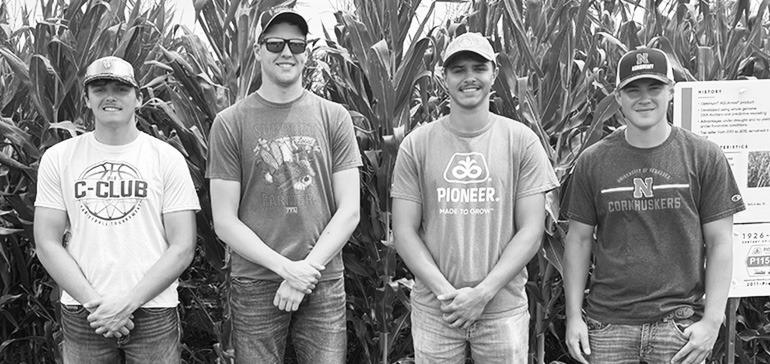 FOUR STUDENTS FROM THE SEED INDUSTRY SCHOLARS PROGRAM attended a field tour of Nebraska seed companies on July 20 and 21. From left to right: Xavier Ettwein, Braydon Binger, Zach Lewandowski, Nick Daberkow. Courtesy Photo
