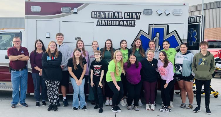 On Monday, October 28, Central City Ambulance Director Ben Kolar (l) shared with Central City High School students from Mrs. Chelle Gillans Intro to Health Science class about being and emergency medical paramedic. He explained what the ambulance does, what a paramedic does, and what career opportunities are available for them. Courtesy Photo