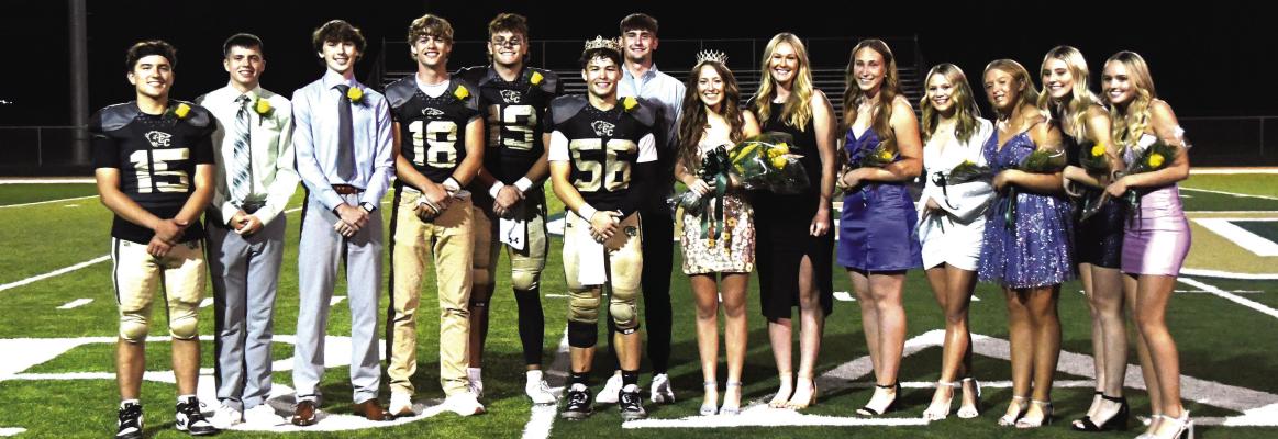 On Friday night after a big Bison victory it was time to crown a new homecoming king and queen. Left to right: Carter Simonsen, Brock Olivo, AJ Wood, Truman Ryan, Colter Lueders, King Bryce Kunz, 2023 King Ayden Zikmund, Queen Brookly Richardson, 2023 Queen Jerzie Schindler, Emma Steinke, Aubrey Garfield, Gracie Vakiner, Josie Sawyers and MaKenna Carlson.