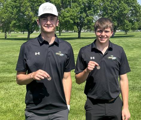 Tuesday at Indianhead Golf Course the Central City Bison battled in district golf action. When the dust settled Ayden Zikmund (left) and Brock Olivo (right) qualified for the state meet next Tuesday in Columbus. Zikmund finished fifth and Olivo finished eighth.