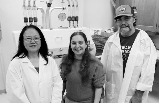 RESEARCH TEAM MEMBERS pictured in the Department of Agronomy and Horticulture’s grain quality lab are Lan Xu, grain quality research manager; Katherine Frels, assistant professor of agronomy and horticulture and director of the Small Grains Breeding and Genetics Program; and Marc Walter, research technician. Fran Benne | Agronomy and Horticulture
