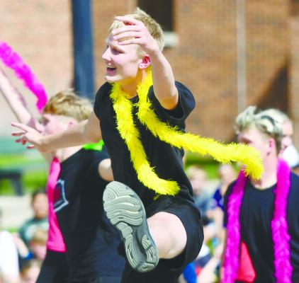 CENTRAL CITY HIGH SCHOOL students, including Jagger Schindler, participate in the dance during last week’s homecoming pep rally.