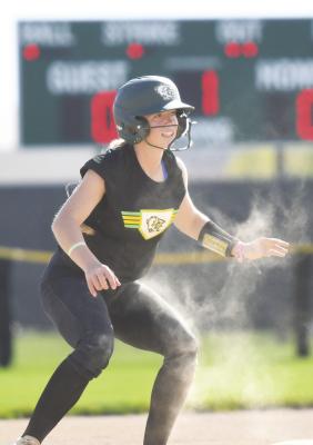 EMMA BRANDES rounds second base in the first inning of Central City’s game with Yutan/Mead last Thursday.