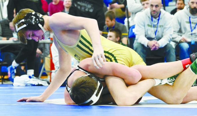 ACE SCHWEITZER headlined the Bison’s championship round. The Central City wrestler secured the gold medal with a pin against Doniphan-Trumbull’s Bentley Cusatis at 106. Schweitzer was one of two champions for the Bison last week. Photos by Michael Happ