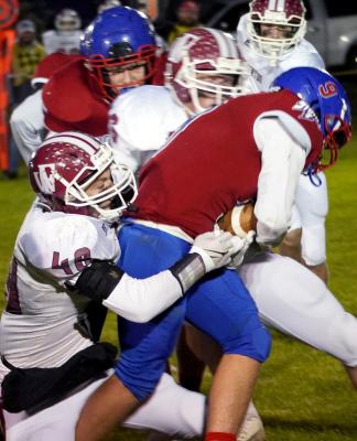 Hard Running With a stiff wind and Wyatt Urkoski running the ball there isn’t much of a need to put it in the air. Urkoski had a monster night as he and the Storm rolled over Fullerton. Here Fullerton’s Brett Bridger does his best to slow Urkoski, but it proved to be no easy task.
