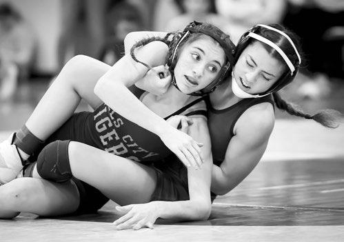 DEJA FOTHERGILL grapples with Falls City’s Audrey Scrivens at the District B-2 Tournament at Columbus Lakeview High School. (Photo Jeremy Vauble) Photo by Jeremy Vauble