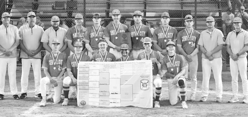 THE CENTRAL CITY POST 6 SENIORS show off the bracket after winning the Nebraska American Legion State Baseball Tournament’s National Division title. Central City defeated Auburn by a score of 4-0. Photos by Jordan Coslor