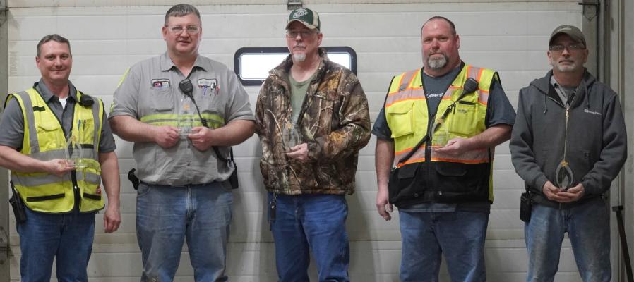 20 Years and Counting Recognized for 20 years of service were (LtoR): Andy Dahlke, David Enevoldsen, Chuck Collins, Jay Beaver and Glen Bogatz. (R-N Photo and Story by Jacob Kennedy)