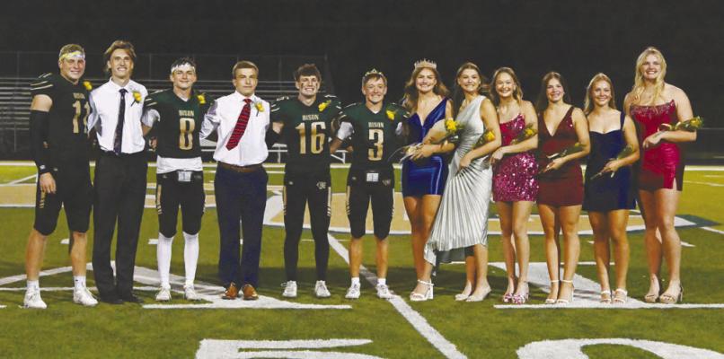 CENTRAL CITY HIGH SCHOOL’S 2026 HOMECOMING COURT included Turner Hanke, Fyn Fasbender, Broc Rathbone, Luke Vakiner, Nate Bandt, King Cash McLaughlin, Queen Sydni Homolka, Caroline Johnson, Chloe Jefferson, Shauna Stull, Juno Ryan, and Hope Paup. The royalty were recognized following Friday night’s football game against Douglas County West. Photo by Michael Happ
