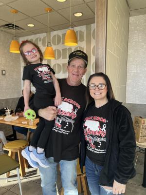 This week Central City was visited by some special individuals all hoping to raise awareness and funds for pediatric cancer. Jim Hickey (center) continues his promise of walking across Nebraska in honor of Paishence (left) a Cozad youth battling cancer, and joined by her mother Tara Meyer (right)