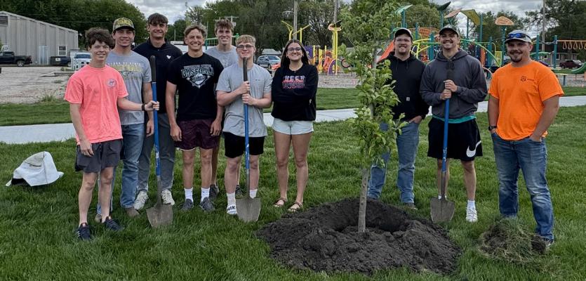All Coming Together Central City Class of 2024 students (left to right) Garrett Schmierer, Jacob Kucera, Ayden Zikmund, Blake Jensens, Van Fasbender, Tristan Burbach and Faith Campa Joined graduates Dylan Kohl, Koby Brandenburg, and Tucker Schneiderheinz to plant trees in Central City’s Central Park.
