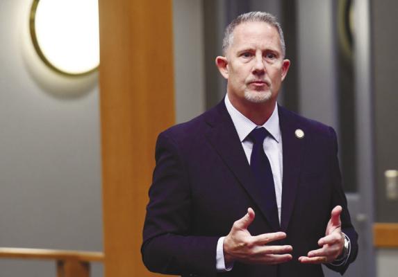 NEBRASKA SUPREME COURT CHIEF JUSTICE JEFFREY FUNKE speaks to those gathered in the Merrick County Courthouse on Monday during the court’s summer tour across the central part of the state. Photo by Jordan Coslor