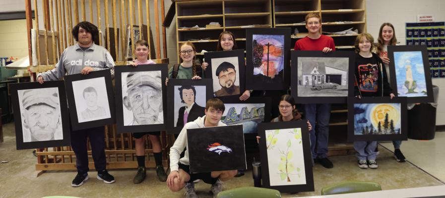 CCHS Artists Recognized at Art Show Back Row, From Left: Treyton Winchester, Jaxon Clockscene, Ellie Baird, Adilyn Deibert, Josiah Hagemier, Jaeda Tuma, and Alaina Bearnes. Front Row (L-R) Degan Elton, and Sahara Paup