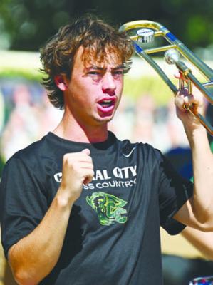 JACOB ZIMMERMAN helped get the crowd fired up last Wednesday during Central City’s homecoming pep rally.