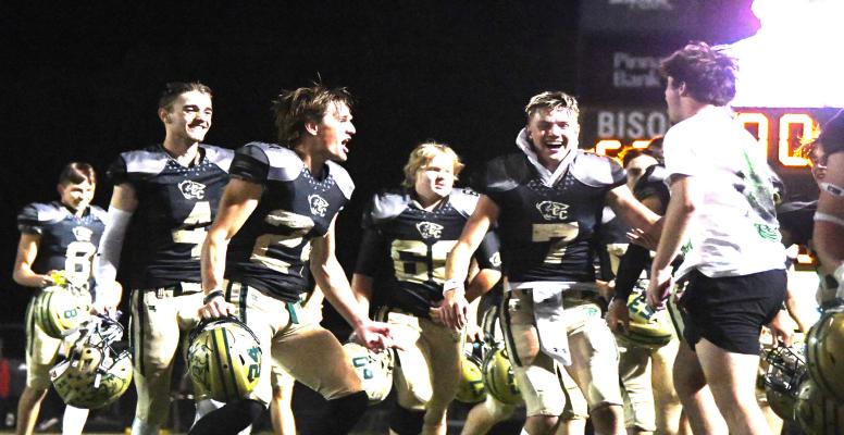 Preferred Pandemonium Homecoming night was one for the ages as the Bison football squad won a thrilling 52-50 contest against Lincoln Christian on Preferred Popcorn Field. The win gives the Bison a lead in their district as they face another tough district opponent this week.. Will Poland (24) and Parker Zikmund (7) were both huge for the Bison in the games final quarter, they also were huge in the celebration.