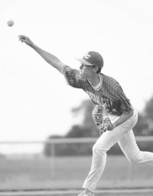 QUENTIN HERMAN closes the fourth inning from the mound in Central City’s 12-3 win over Ord.