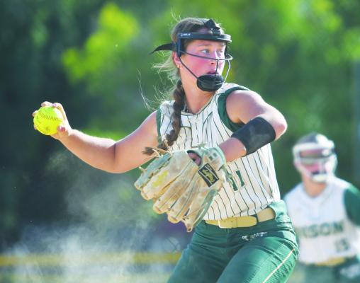 CENTRAL CITY’S PAYTON BURBACH fields a ground ball and makes the throw to first base in the Bison’s 16-5 win over Twin River. Photos by Jordan Coslor