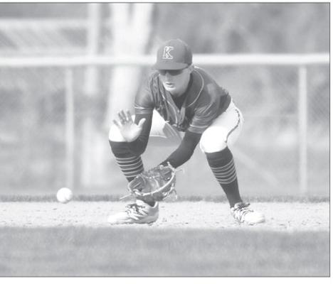 LUKE JOHNSON fields a ground ball at second base for an out in Central City/Centura’s 11-1 victory over the Twin River Titans. Photos by Jordan Coslor