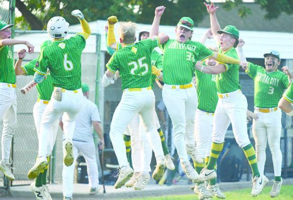 CELEBRATING Logan Vakiner’s home run during Monday evening’s semifinal game of the Class B National Division American Legion Baseball Tournament at Kernel Field in Central City are Kayden Morner, Vakiner, Parker Zikumund, Conner Erickson, Trent Detlefsen, Oliver Herman, and Martin Gonzales. Central City beat Auburn 8-0 in the game. Photo by Jordan Coslor