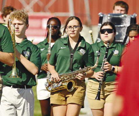 MEMBERS of the Central City Marching Band remained at attention as they made their final turn along the parade route at the Nebraska State Fair in Grand Island.