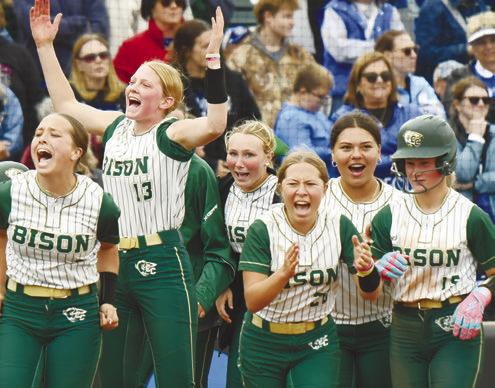 THE CENTRAL CITY HIGH SCHOOL SOFTBALL TEAM had plenty to celebrate during its run through the NSAA Class C State Softball Tournament. Among the moments that the Bison rejoiced in was a seventh-inning two-run home run by Juno Ryan in the Bison’s championship game against Hastings St. Cecilia at Bowlin Stadium in Lincoln. Photo by Jordan Coslor
