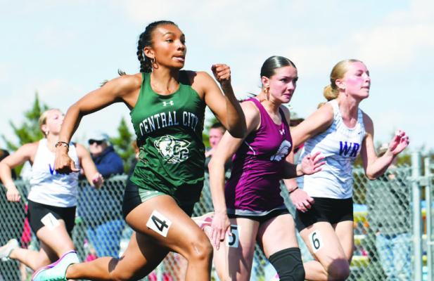 TATUM CAMPA gets off to a fast start in the 100-meter dash prelims. Campa would go on to win the 100-meter dash finals with a time of 12.75 seconds. Photos by Jordan Coslor