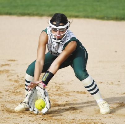 DEJA FOTHERGILL fields a ground ball from shortstop in Central City’s first round game with Kearney Catholic.