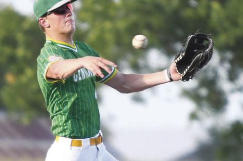 PARKER ZIKMUND makes the throw to first base for an out after fielding a ground ball at shortstop. Photos by Jordan Coslor