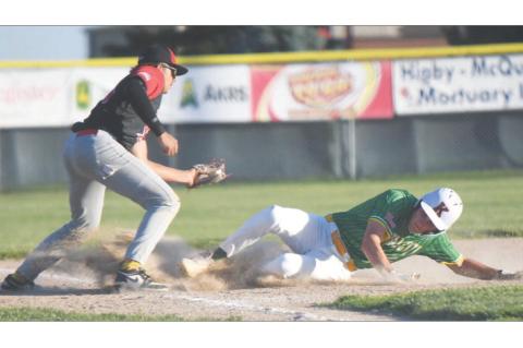 COLBYN PETERS beats the throw to third base, sliding safely into the bag in Central City’s 16-1 win over Aurora. Peters picked up one hit, drove in a run, and scored a run of his own in the contest. Photos by Jordan Coslor