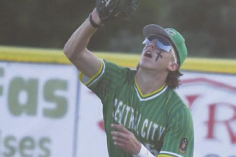 LUKE MCHARGUE reels in a fly ball for an out in right field during Central City’s victory over Aurora last Wednesday.