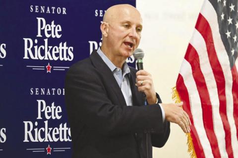 UNITED STATES SENATOR PETE RICKETTS spoke to a group at ISI Solar in Central City last Wedneday night. Ricketts’s stop was a part of his campaign for reelection. Photo by Michael Happ