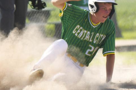 JAYDEN CARLSON (left) pitched 1.2 scoreless innings and hit the game-winning single against Kearney Jerseys. Quentin Herman (right) slides safely scross home plate for one of his two runs scored in the contest. Photos by Jordan Coslor