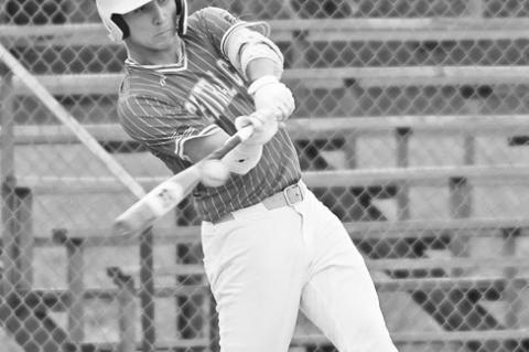 COLBYN PETERS connects with the ball for a base hit in Central City’s 9-1 win over Ord. Peters went two-for-three with two runs and two RBIs in the game.