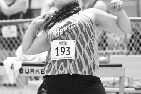 ALEXIS PERRY competes in the shot put, going on to a ninth place finish with a best throw of 37-11.25.