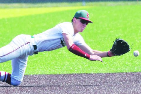 PARKER ZIKMUND makes a diving play at shortstop in Central CIty/Centura’s win over St. Paul/Palmer last Saturday.