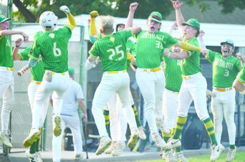 CELEBRATING Logan Vakiner’s home run during Monday evening’s semifinal game of the Class B National Division American Legion Baseball Tournament at Kernel Field in Central City are Kayden Morner, Vakiner, Parker Zikumund, Conner Erickson, Trent Detlefsen, Oliver Herman, and Martin Gonzales. Central City beat Auburn 8-0 in the game. Photo by Jordan Coslor